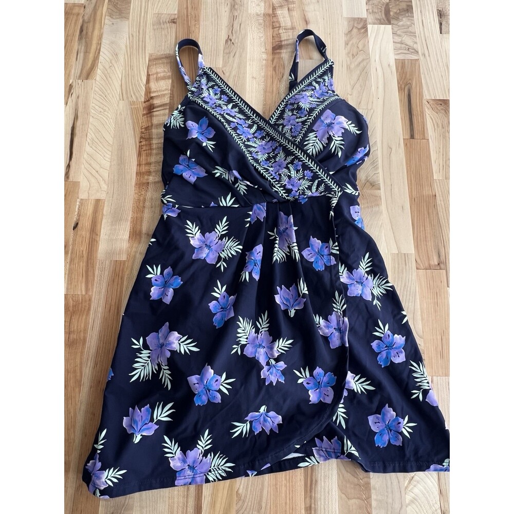Lands' End Women's Tulip Wrap Swim Dress Navy Purple Floral One Piece Small